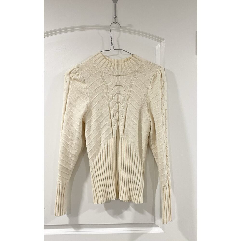Marled Cream Cable Knit Mock Neck Sweater M Cozy Chunky Ribbed Winter Pullover - Picture 2 of 11
